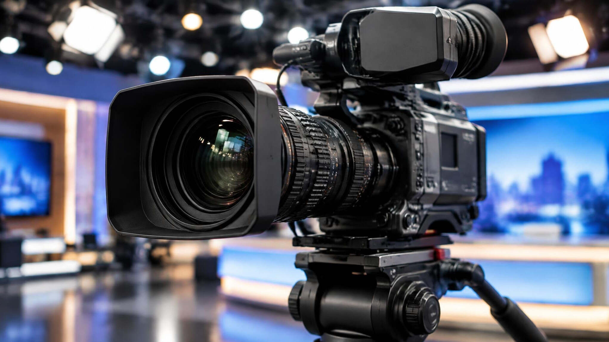Close-up of a professional broadcast camera on a tripod in a studio